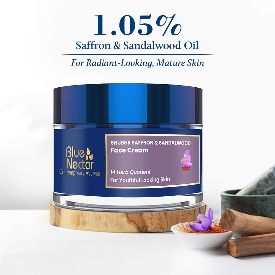 Blue Nectar Kumkumadi oil closeup highlighting saffron-rich formula for glowing skin