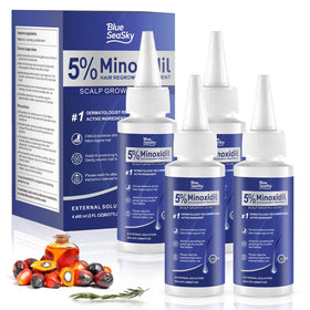 Blue Sea Sky Minoxidil serum bottle supports hair regrowth potential