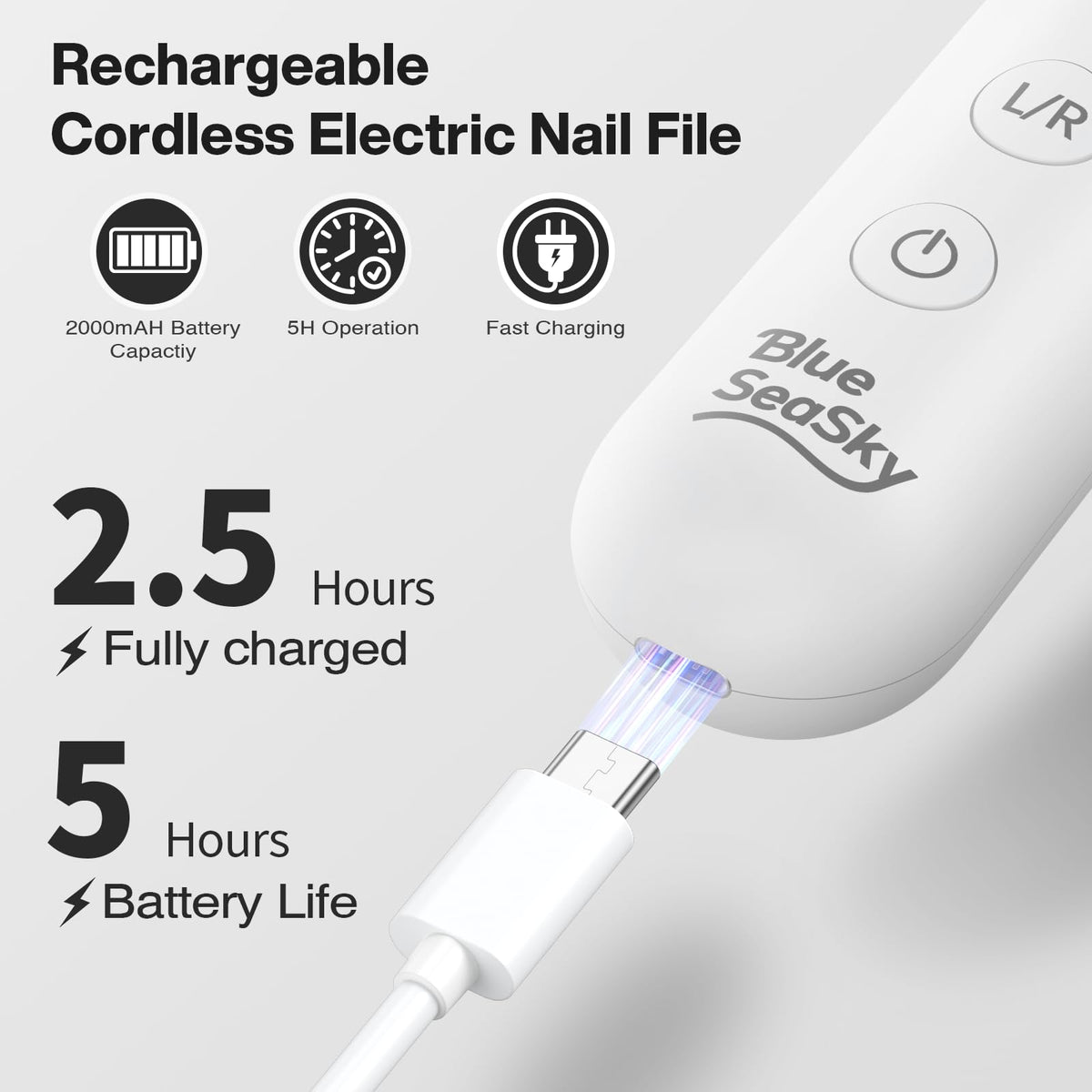 Blue Sea Sky rechargeable nail file with LED display for cordless use.