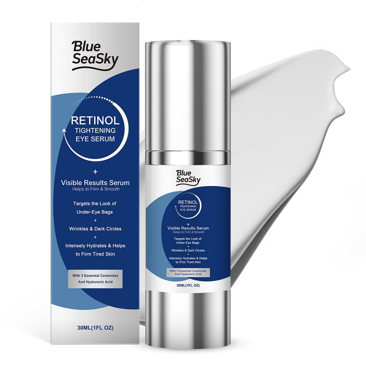 Blue Sea Sky retinol eye serum bottle showing hydrating, brightening properties for the eye area.