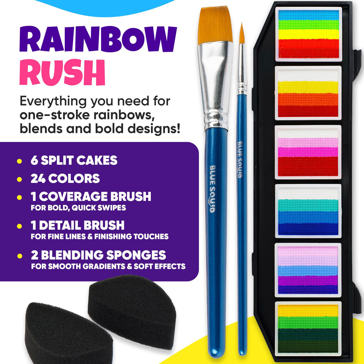 Blue Squid brushes and sponges arranged for smooth color application