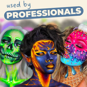 Blue Squid PRO party makeup setup showing vibrant designs for events