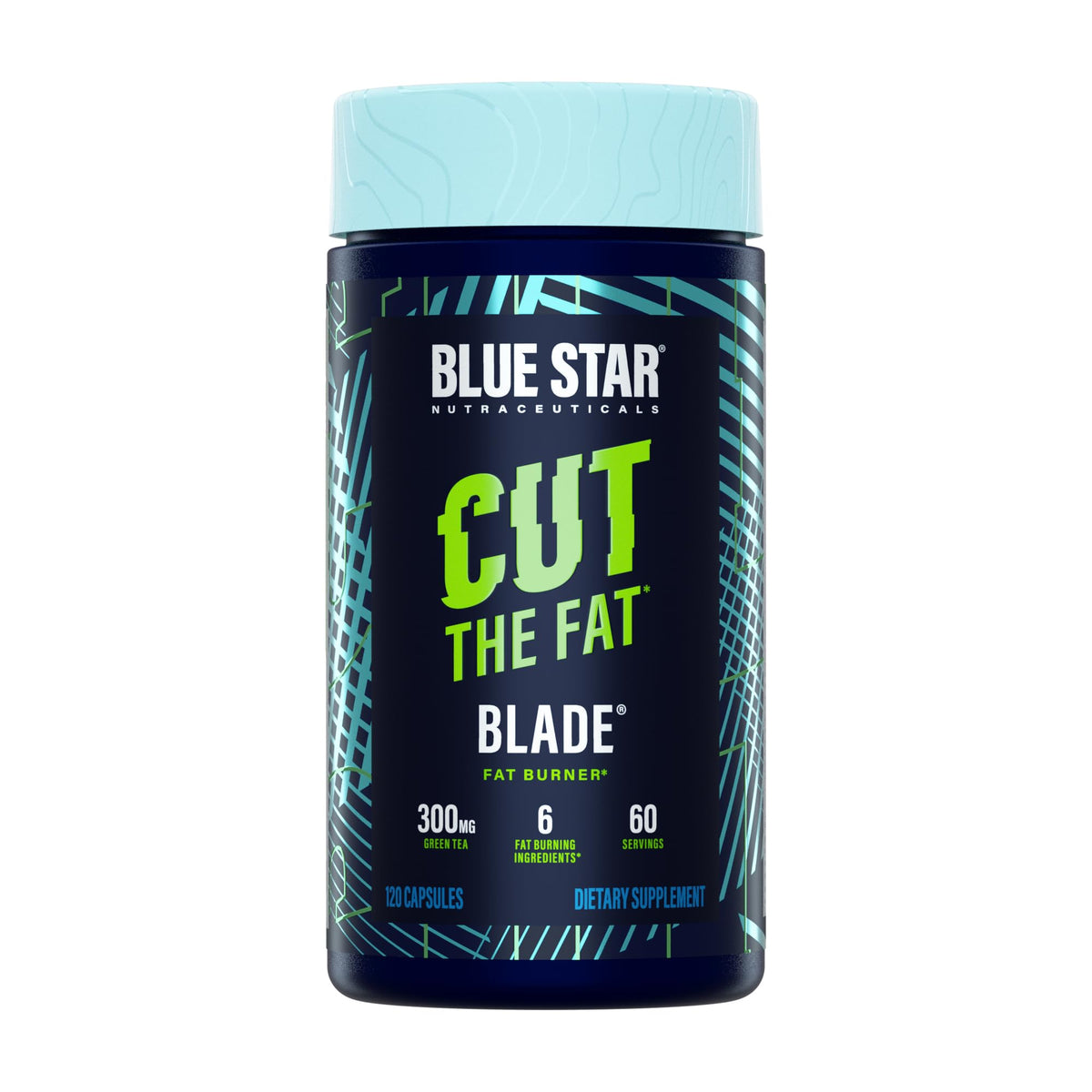 Blue Star Blade bottle close-up showing 120 veggie capsules for metabolic support.