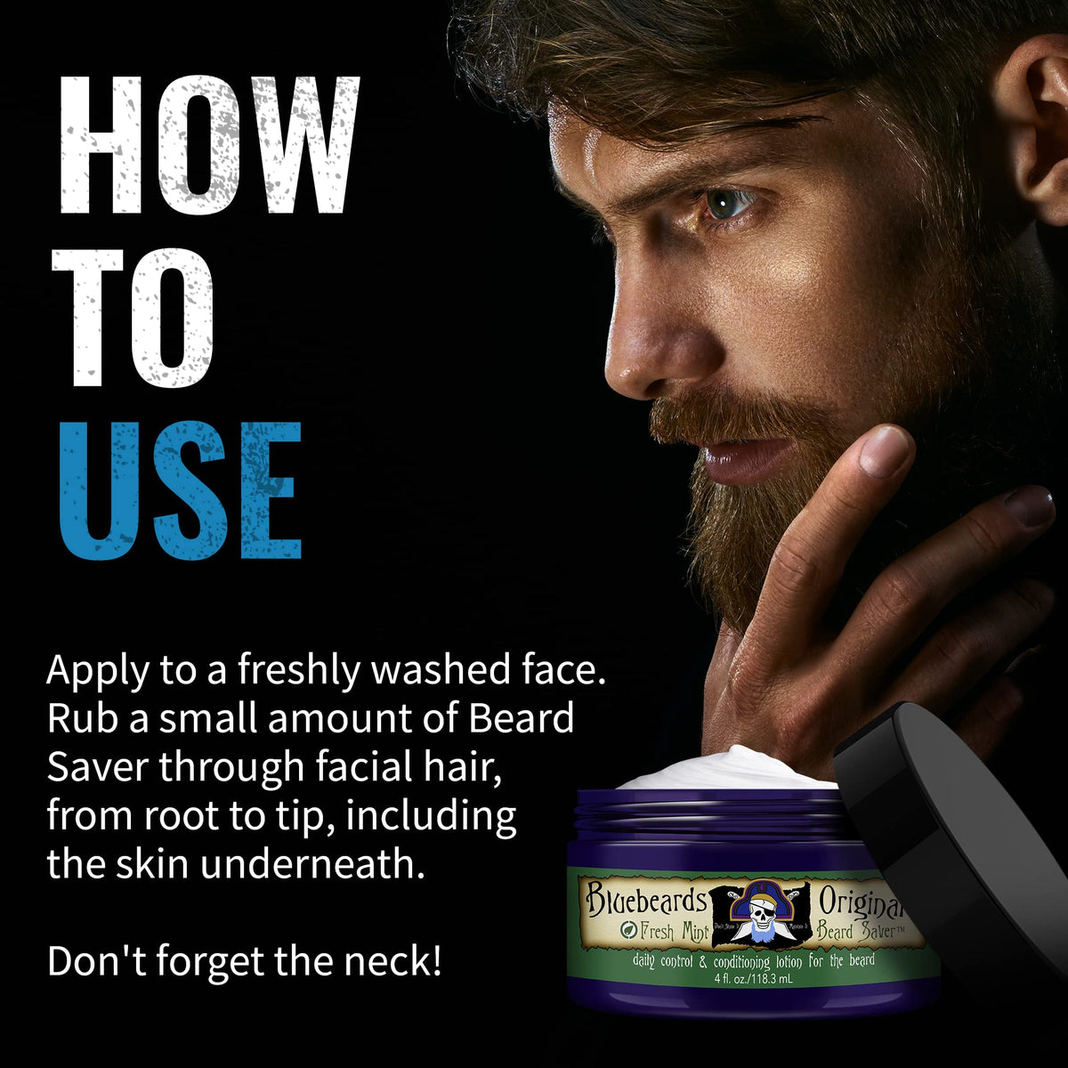Bluebeards Original applying leave-in conditioner being rubbed into beard for easy daily conditioning