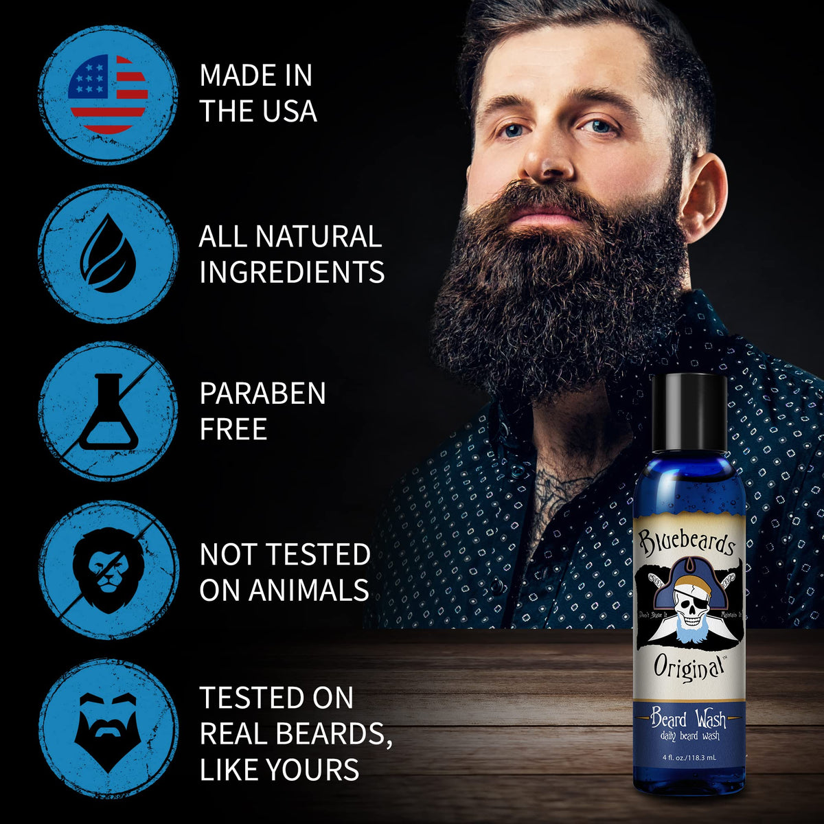 Bluebeards Original bottle with aloe and lime leaves emphasizing natural ingredients.