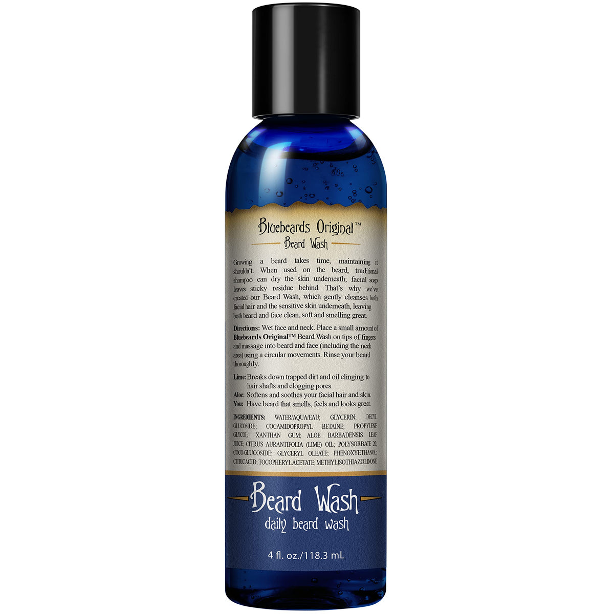 Bluebeards Original close-up of ingredients highlighting paraben-free formula.