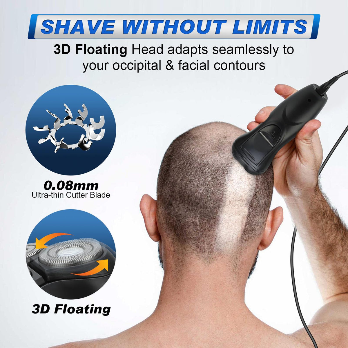 BlueFire head shaver with three floating blades delivers close coverage across the scalp.