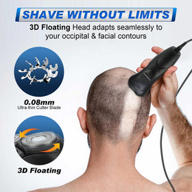 BlueFire head shaver with three floating blades delivers close coverage across the scalp.