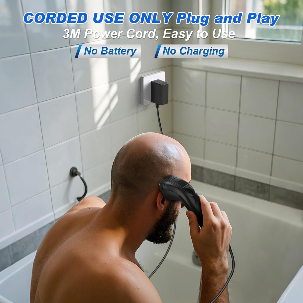 BlueFire head shaver shows pop-up trimmer for precise detailing.
