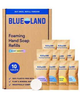BLUELAND foaming hand soap refill tablets in 10-pack variety for eco-friendly use