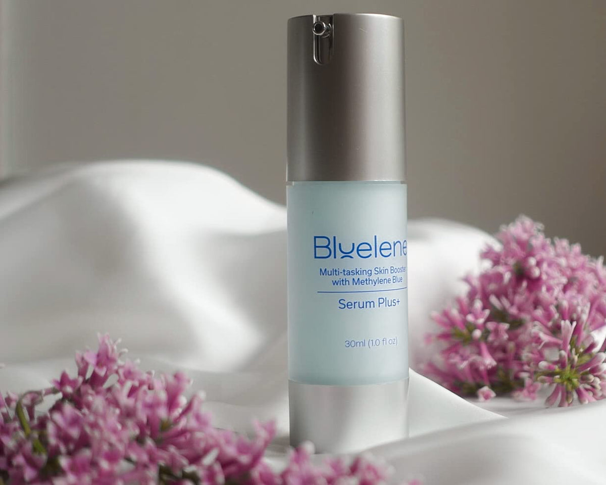 Evening routine with Bluelene Serum Plus+ targeting age spots and radiance.