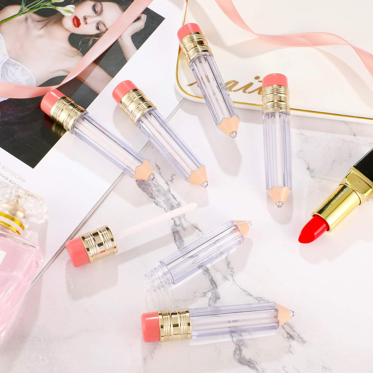 Blulu pencil lip gloss tubes with soft brush head for comfortable application.