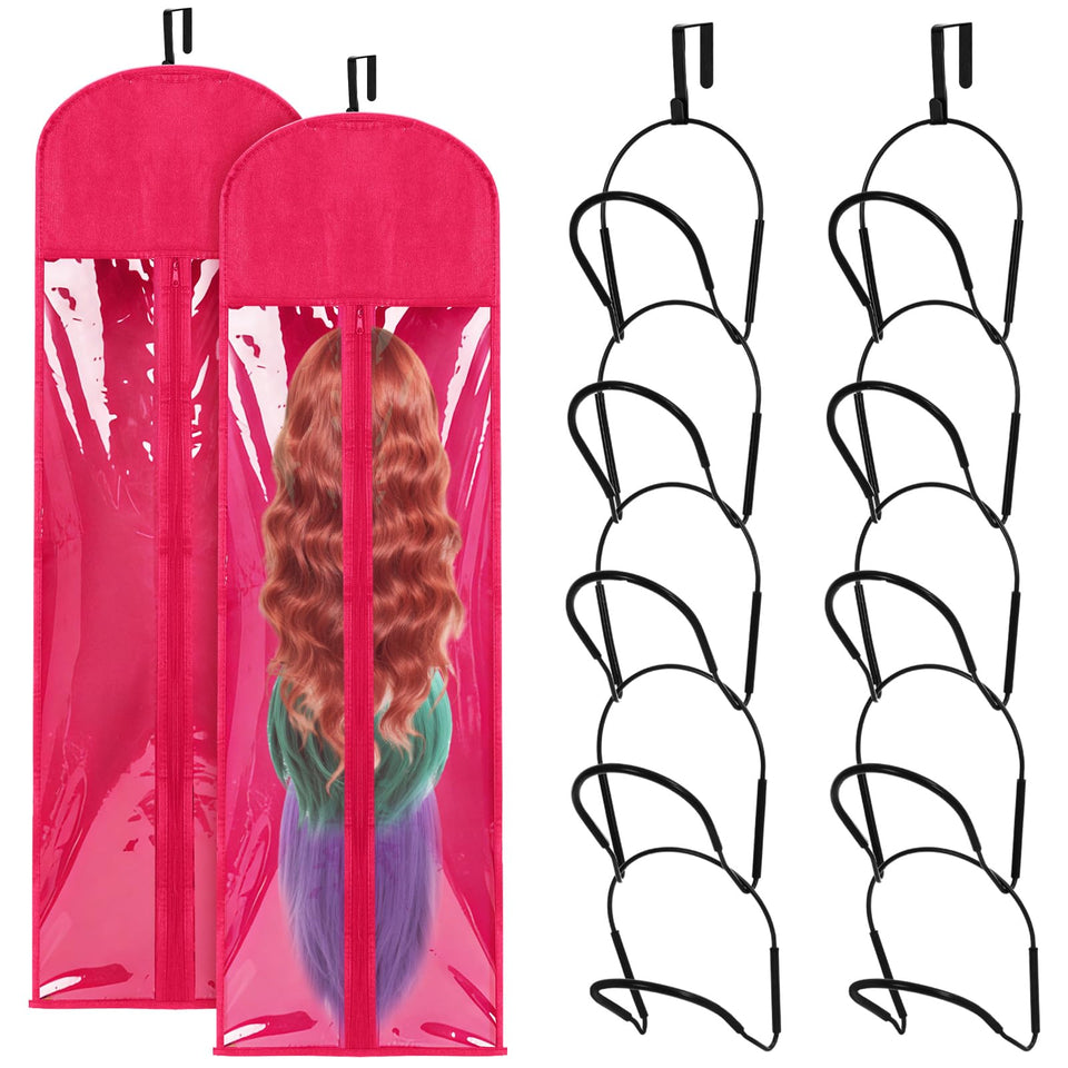 Blulu wig hanger rack in hot pink for space-saving storage behind doors.