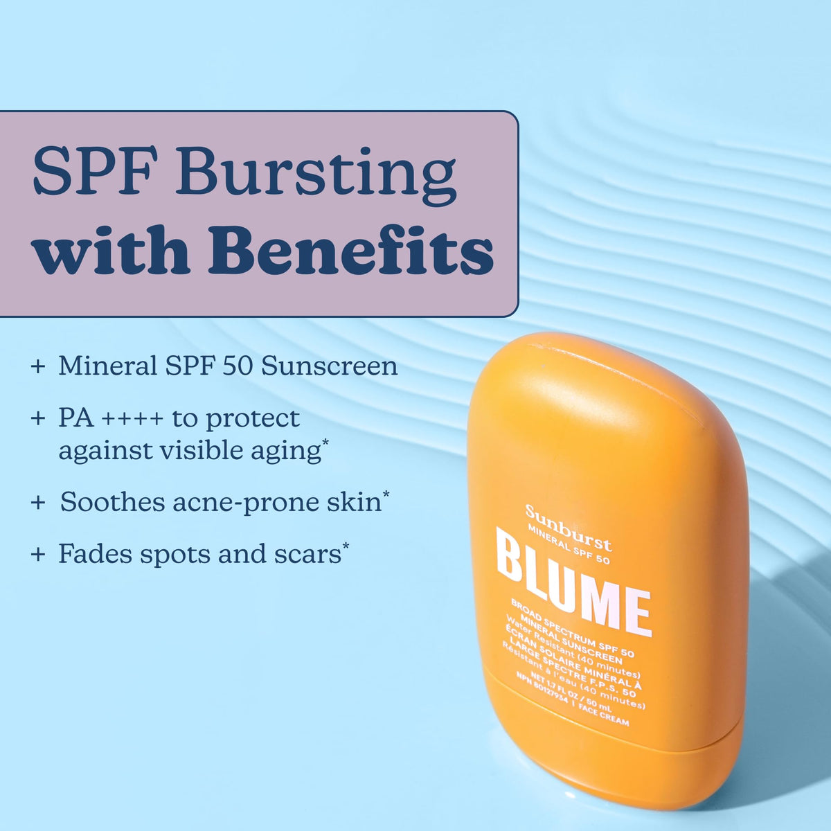 Blume Sunburst SPF 50 application close-up shows creamy, easy-to-spread texture.