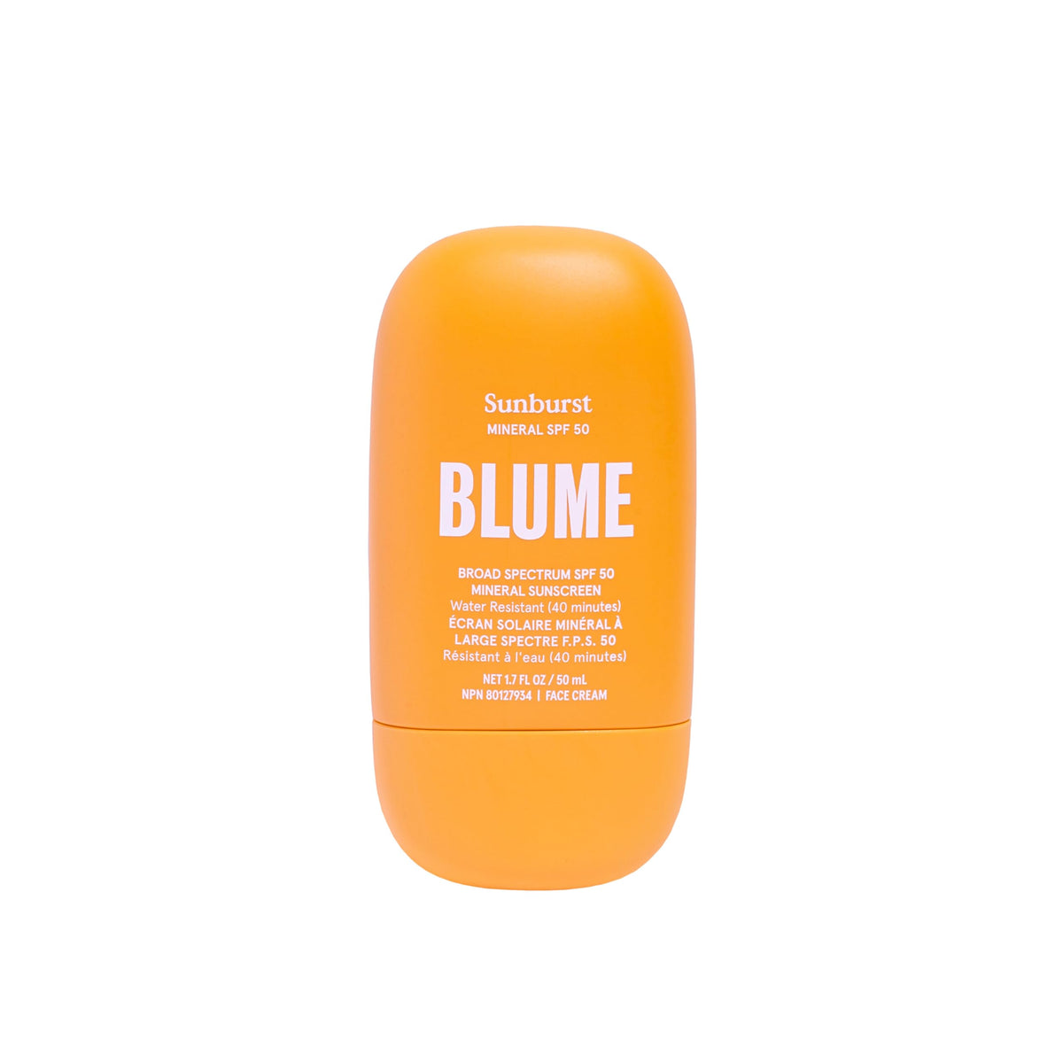 Blume Sunburst SPF 50 mineral sunscreen bottle for daily protection.