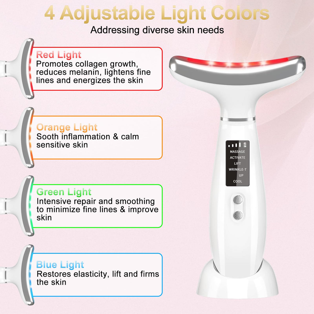 Blumskin neck face massager showcasing 6 skincare modes for customized routines.