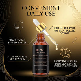 Close-up of Blyme Prime Elixir dropper dispensing the serum.