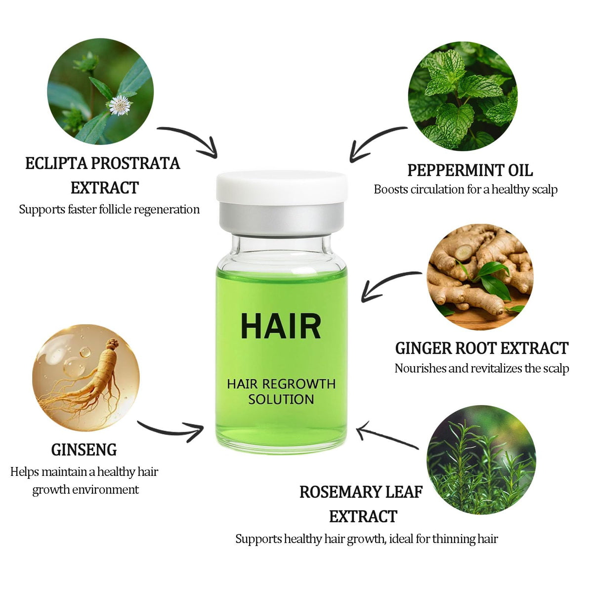 Boaccy Hair Regrowth System ingredients visual featuring biotin, ginseng, and peppermint.