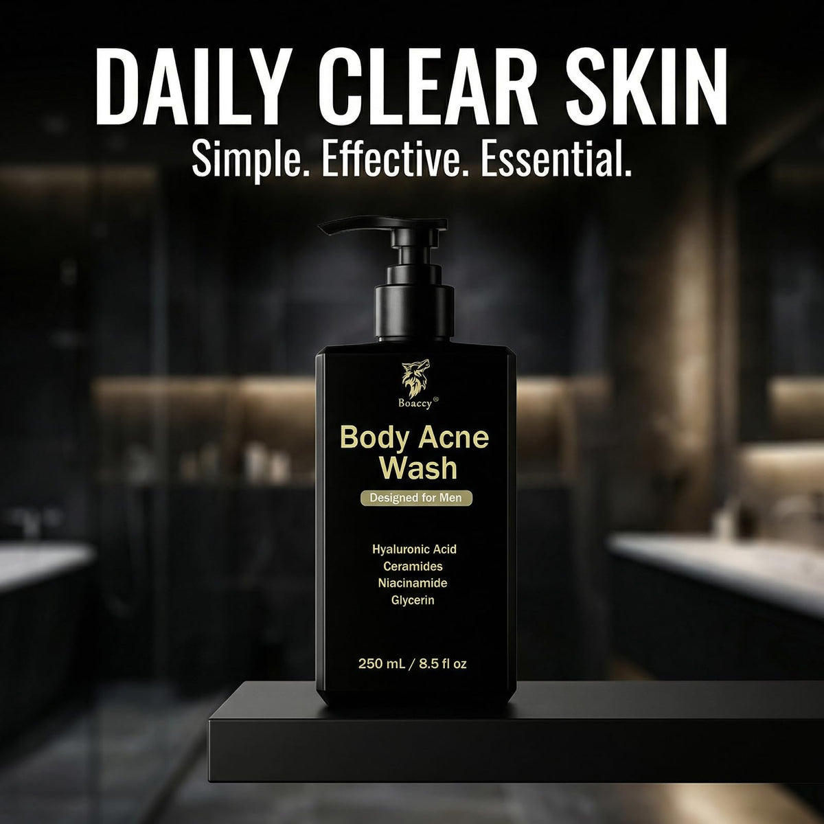 Boaccy Men's Acne Body Wash after-workout routine image suggests quick, clean reset
