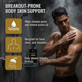 Boaccy Men's Acne Body Wash bottle back view highlighting daily cleansing for blemish-prone skin