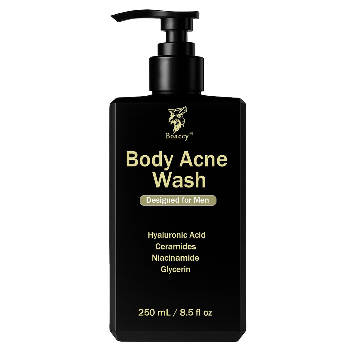 Boaccy Men's Acne Body Wash bottle front showing refreshing cleanse for back and shoulders