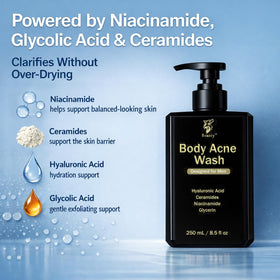 Boaccy Men's Acne Body Wash lather foam closeup emphasizing gentle clarifying formula