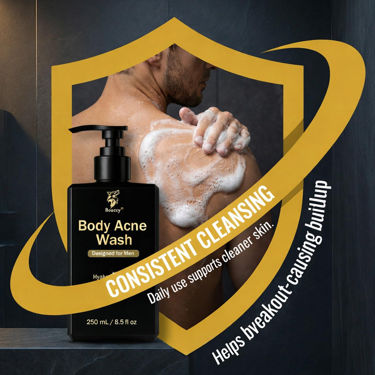 Boaccy Men's Acne Body Wash pump press demonstrates easy daily use after workouts