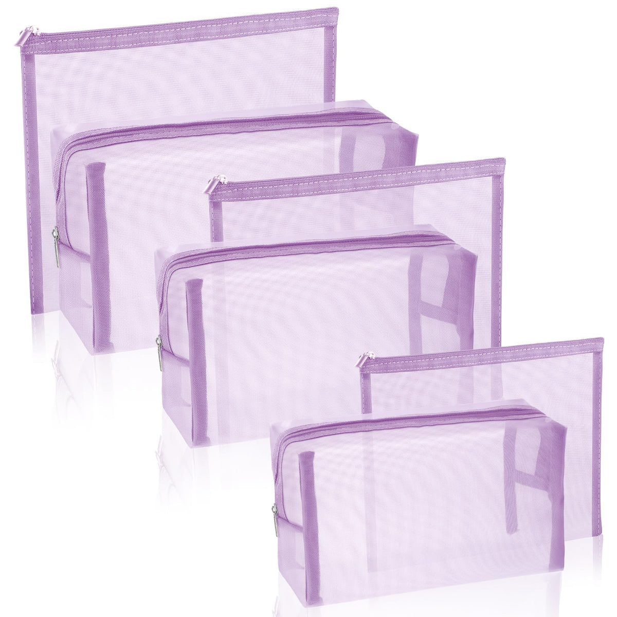 Boao 6-piece mesh makeup bags in light purple, top view for organized travel storage.