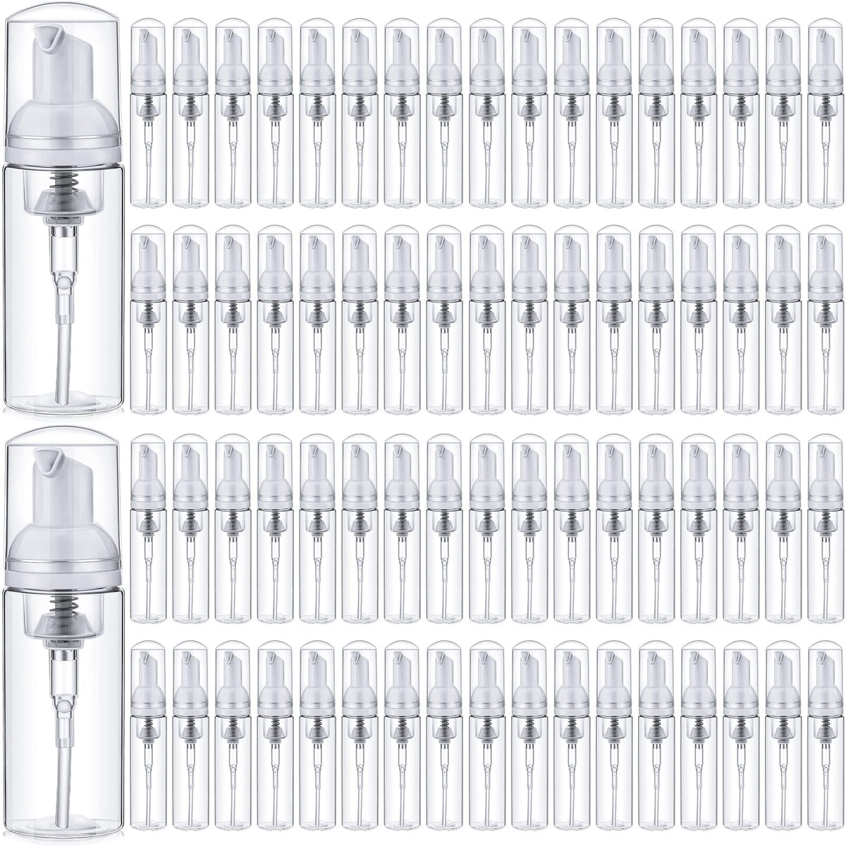 Boao 70-piece foam dispenser set in transparent bottles with secure pumps for travel use