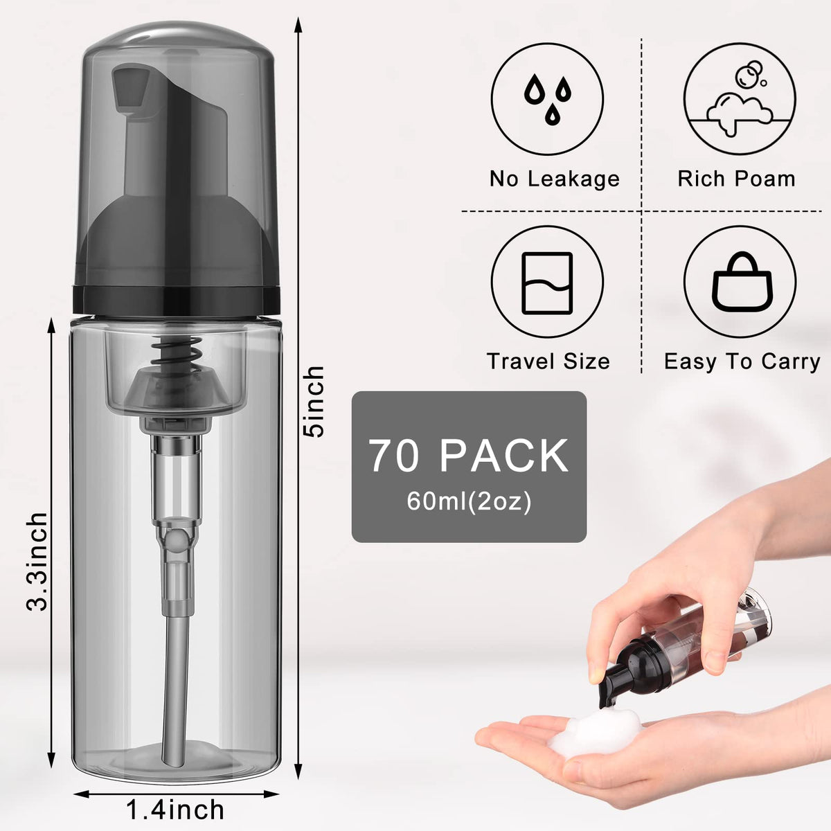 Boao gray travel foam bottle for lash shampoo, compact and leakproof.