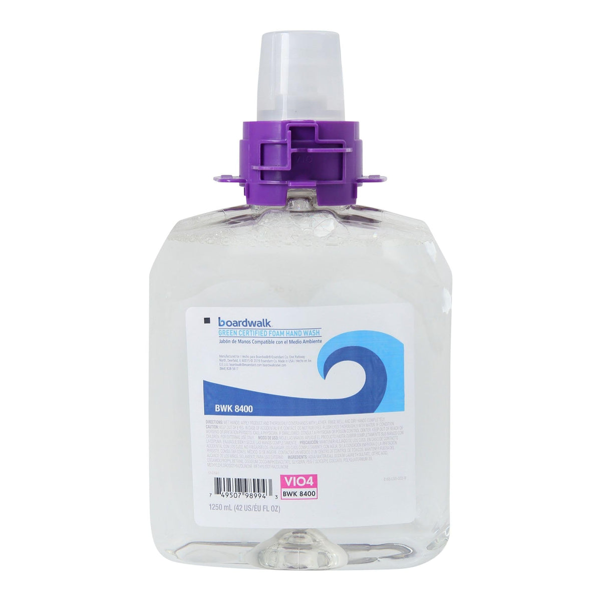Boardwalk BWK8400 green-sealed foam soap bottle with fragrance-free formula for sensitive hands.