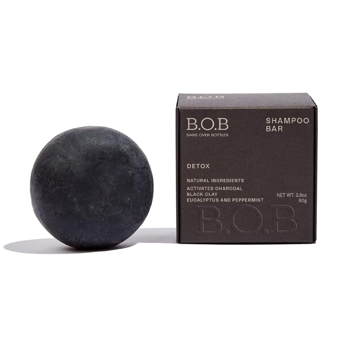 B.O.B Detox solid shampoo bar close-up, unscented formula for sensitive scalps.