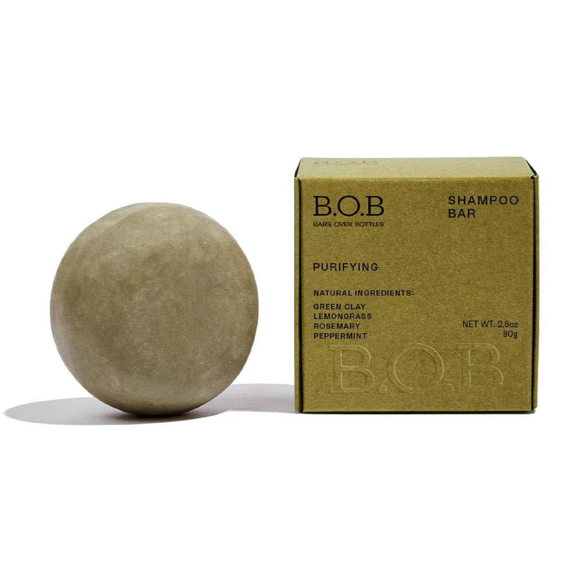 B.O.B Purifying Shampoo Bar with green clay for oil control.