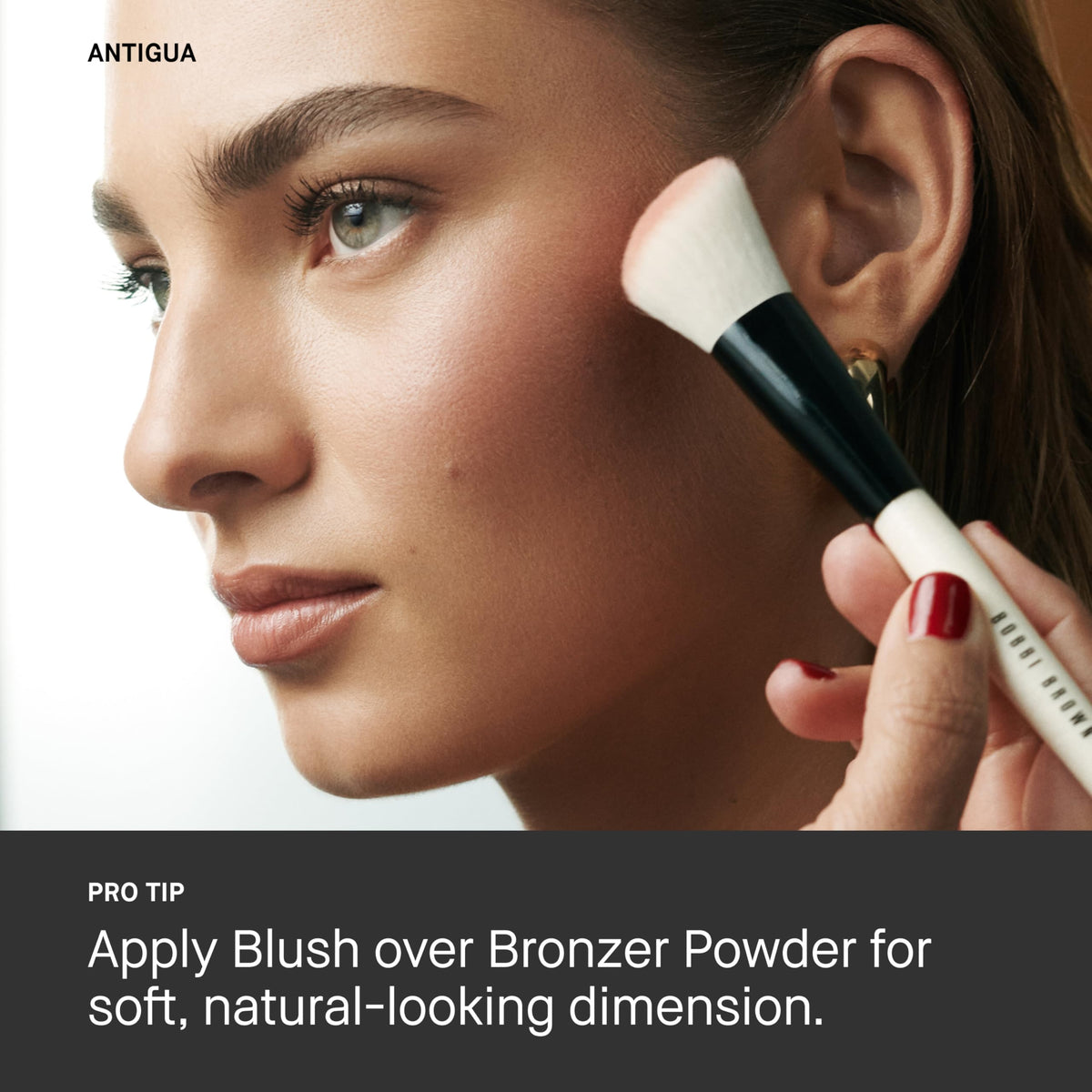 Bobbi Brown Blush applied to cheeks for a natural glow.