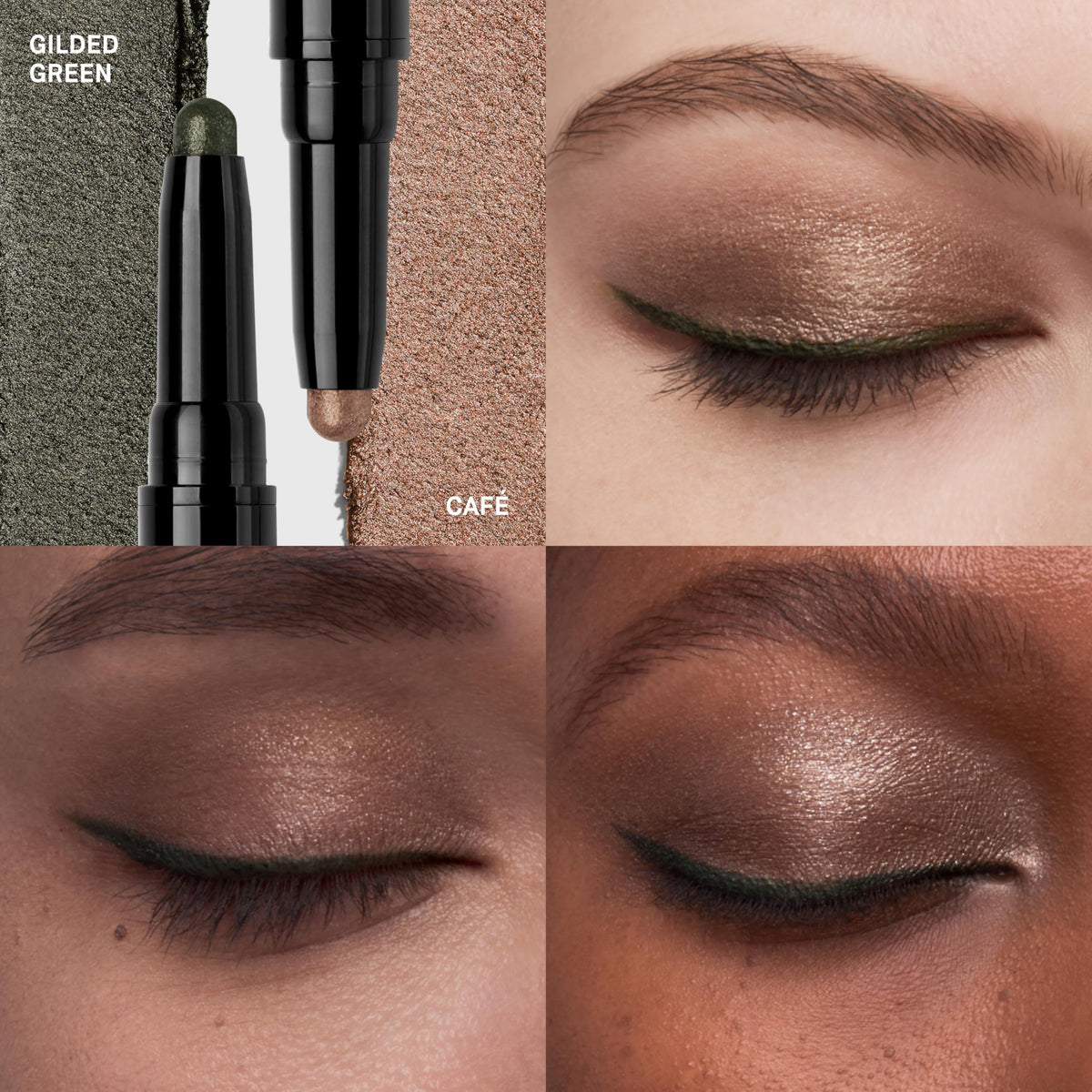 Bobbi Brown dual-ended shadow stick Gilded Green swatch highlighting shimmer for dimension.