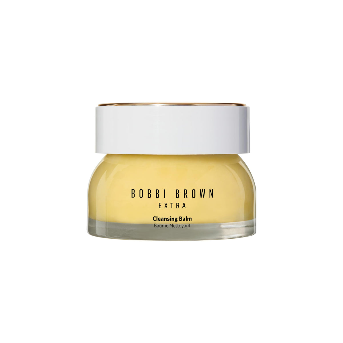Bobbi Brown Extra Cleansing Balm jar closeup, creamy texture melts makeup.