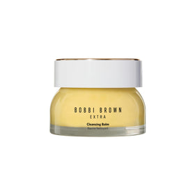 Bobbi Brown Extra Cleansing Balm jar closeup, creamy texture melts makeup.