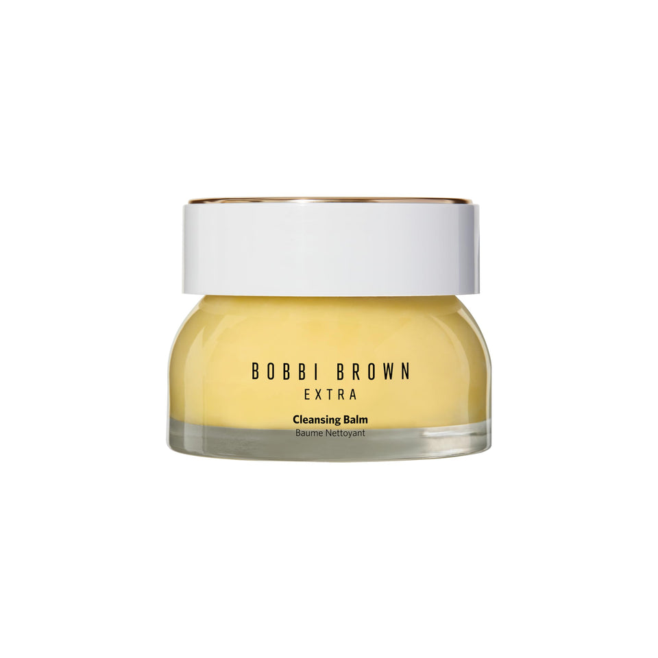 Bobbi Brown Extra Cleansing Balm jar closeup, creamy texture melts makeup.