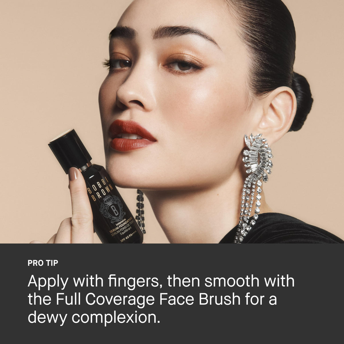 Bobbi Brown Intensive Serum Foundation application shot suggests easy blending and 12-hour wear.