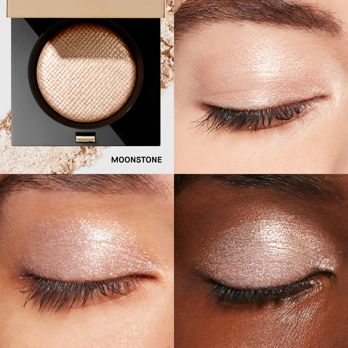 Bobbi Brown Luxe Eyeshadow Moonstone wet-application demonstrates liquid metal look on lids