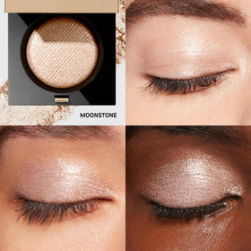 Bobbi Brown Luxe Eyeshadow Moonstone wet-application demonstrates liquid metal look on lids