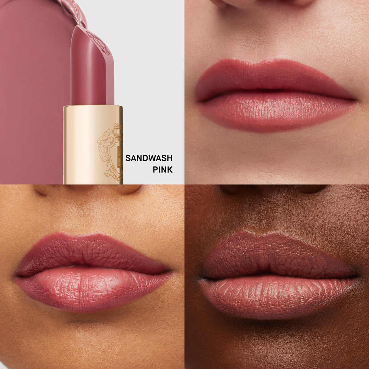 Bobbi Brown Luxe Lipstick Sandwash Pink swatch on skin shows neutral tone.
