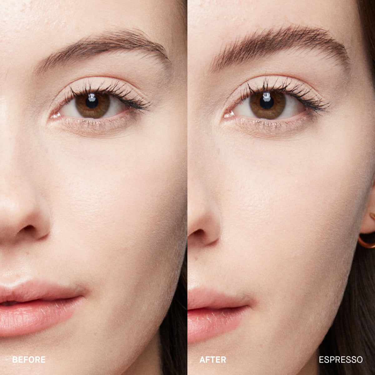 Close-up of Espresso tinted gel shaping and setting brows with a lightweight feel
