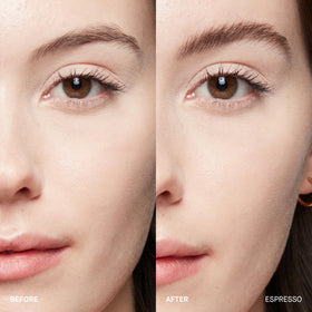 Close-up of Espresso tinted gel shaping and setting brows with a lightweight feel