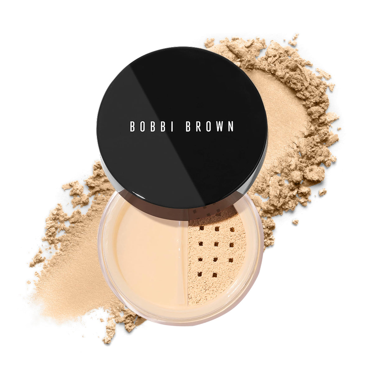 Bobbi Brown Sheer Finish Loose Powder jar shows light texture and oil absorption for a natural matte look