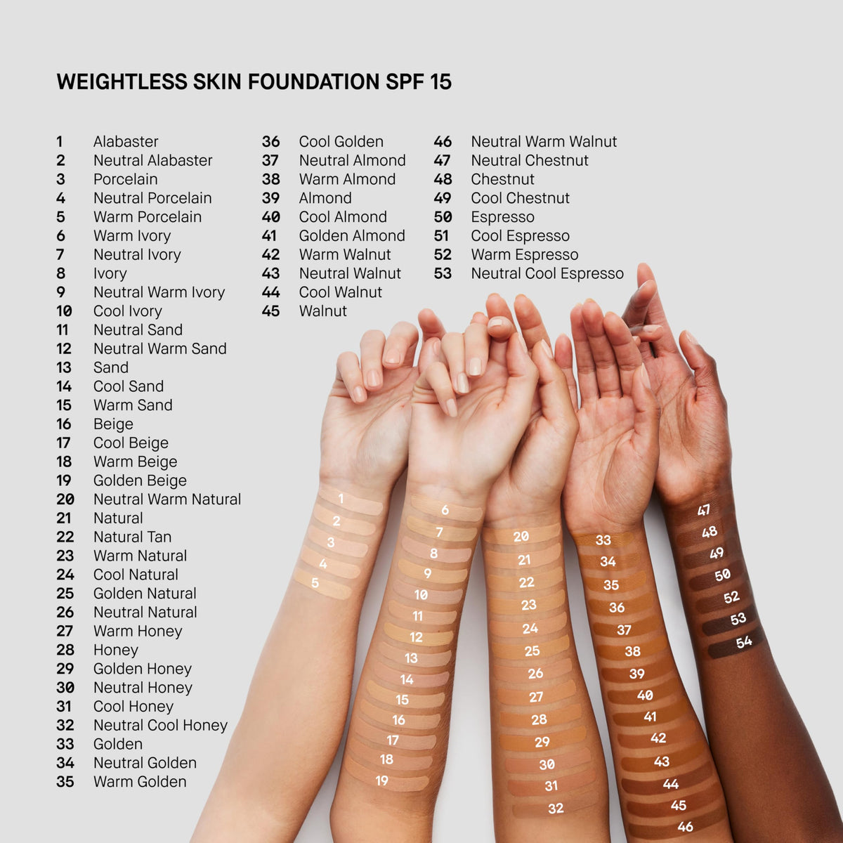 Bobbi Brown Weightless Skin Foundation shade range display with 53 options.