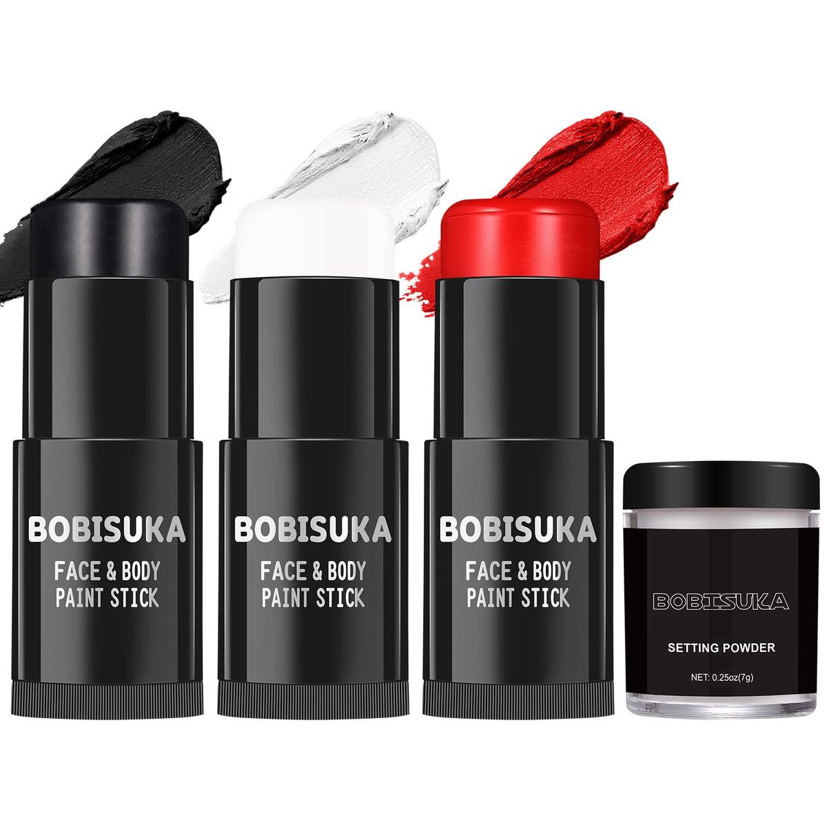 BOBISUKA face paint sticks in black, white, and red for bold cosplay looks.