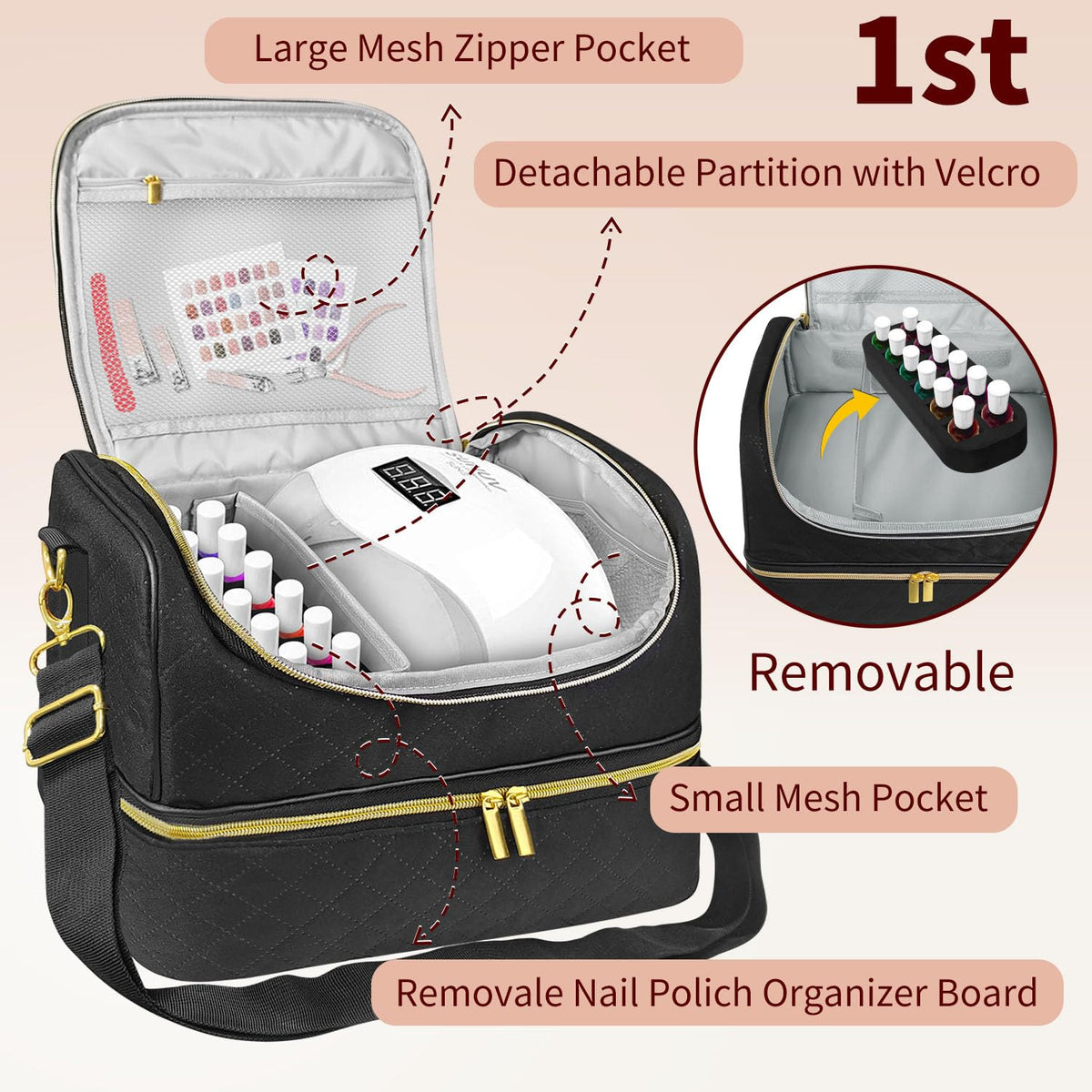 Boczif lower layer holds 48 bottles with elastic pockets for tools.