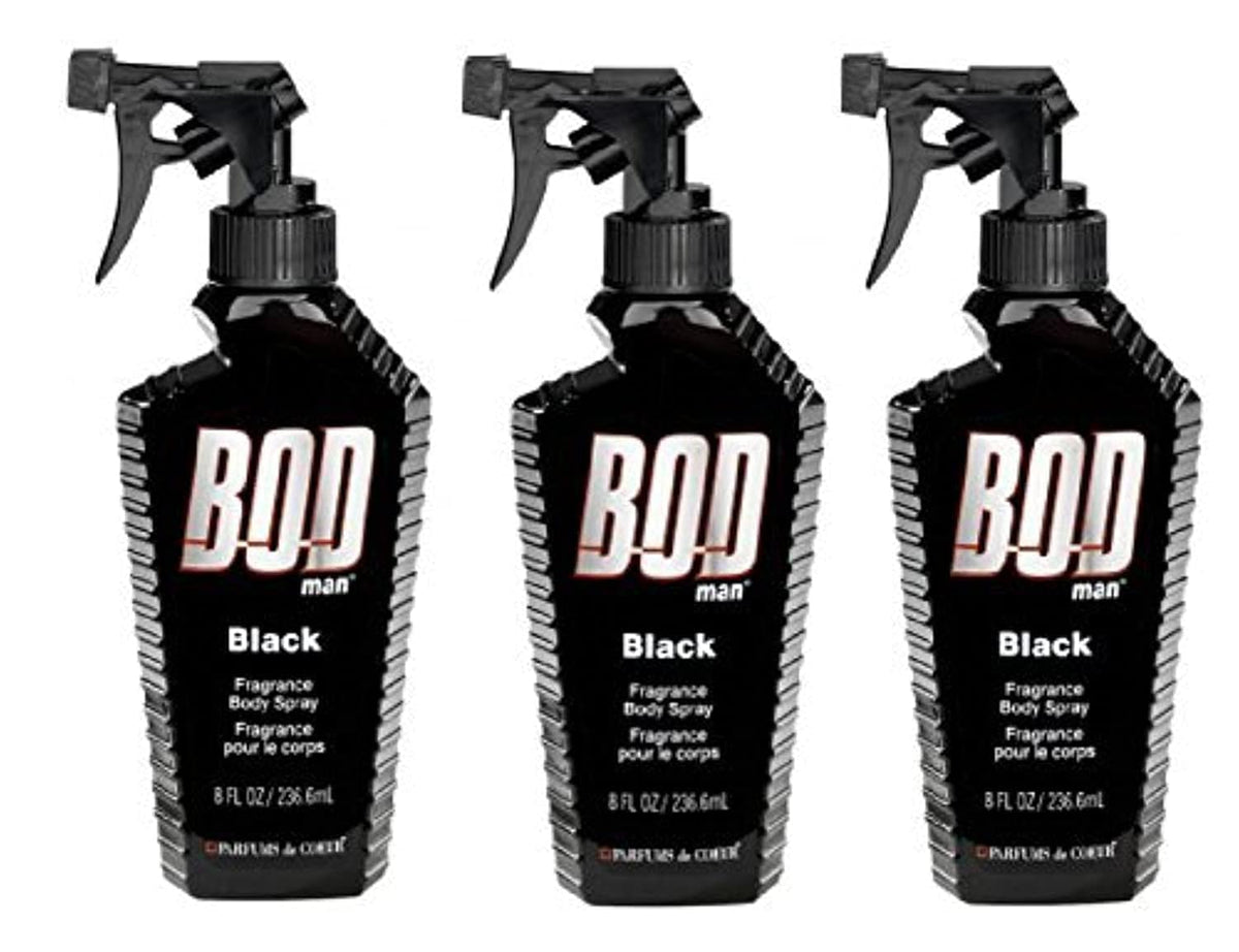 Bod Man Black body spray bottle front view for long-lasting freshness.