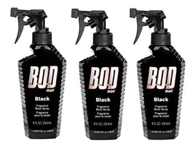 Bod Man Black body spray bottle front view for long-lasting freshness.